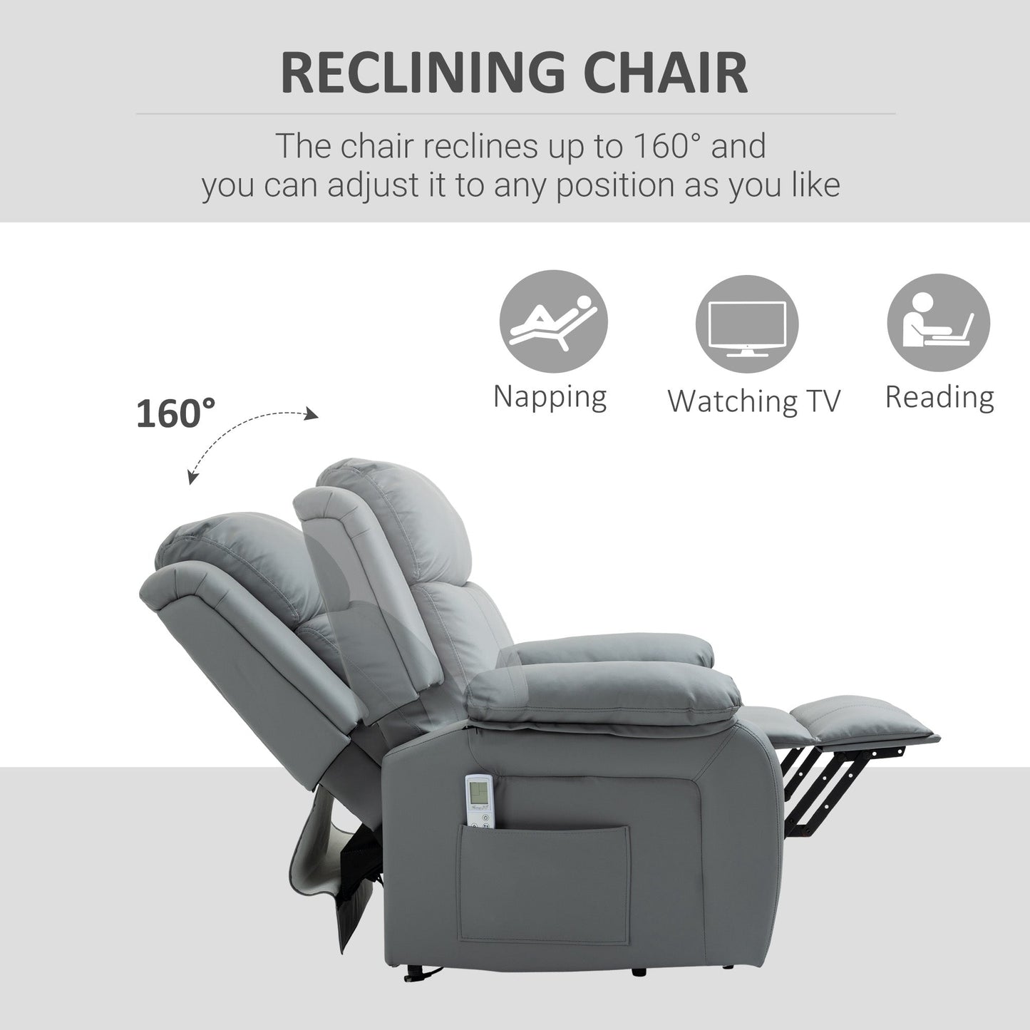 Electric Power Lift Recliner Chair Vibration Massage Reclining Chair with Remote Control and Side Pocket, Grey