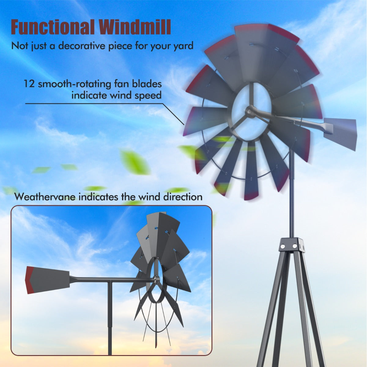 253cm Ornamental Windmill with 4 Support Legs for Backyard, Garden, Farm-Grey