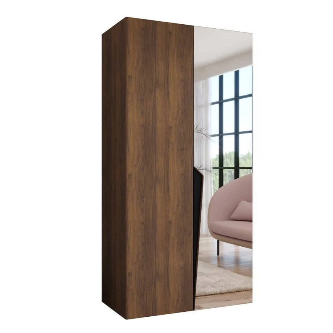 Wooden wardrobe with a mirror panel on a white background