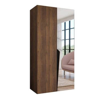 Wooden wardrobe with a mirror panel on a white background