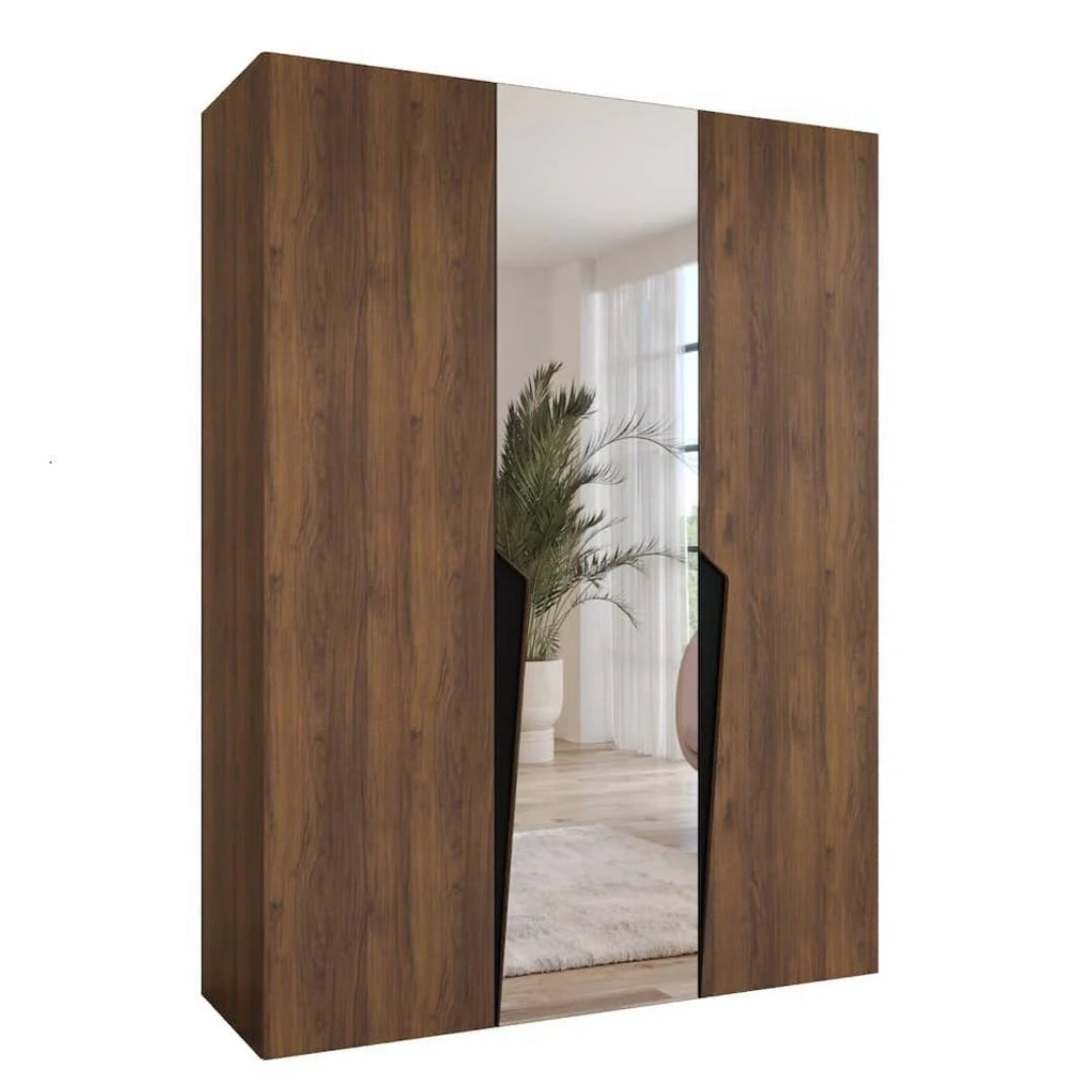Wooden wardrobe with a mirror panel on a white background