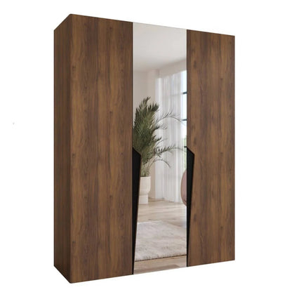 Wooden wardrobe with a mirror panel on a white background