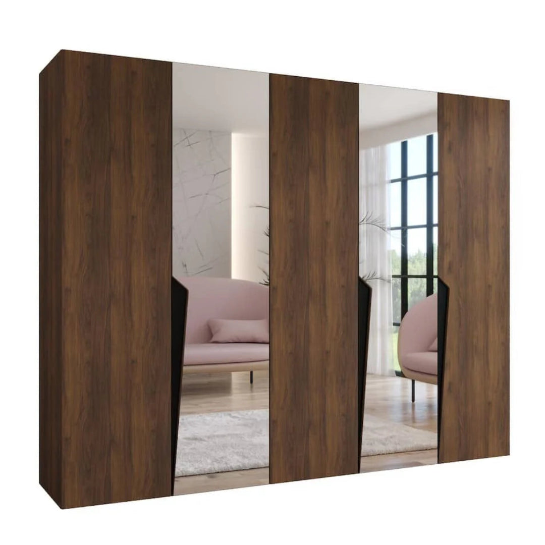 Wooden wardrobe with mirror panels on a white background