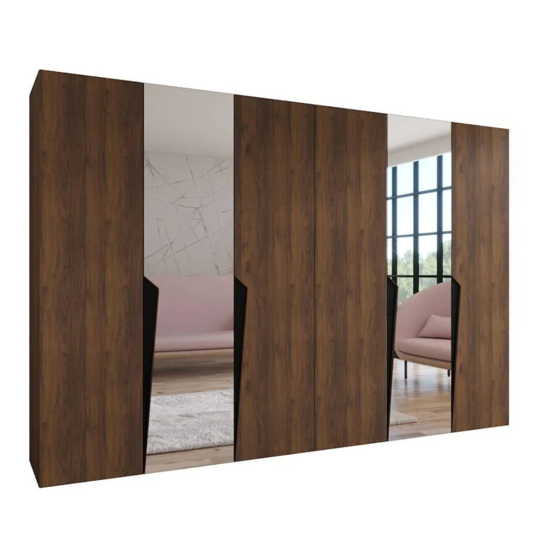 Wooden wardrobe with mirror panels in a room setting