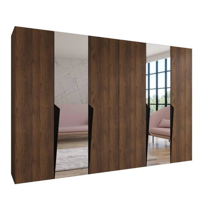 Wooden wardrobe with mirror panels in a room setting