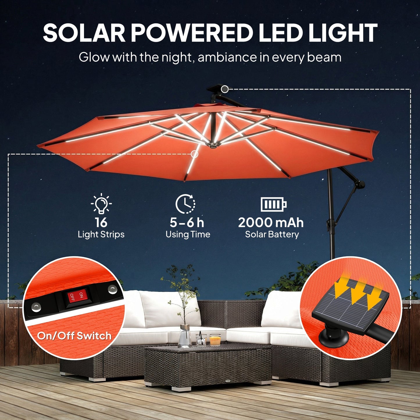 Outsunny 3 m Garden Cantilever Parasol with LED Solar Light, Round Overhanging Umbrella with 360 degrees Rotation, Cover, Orange