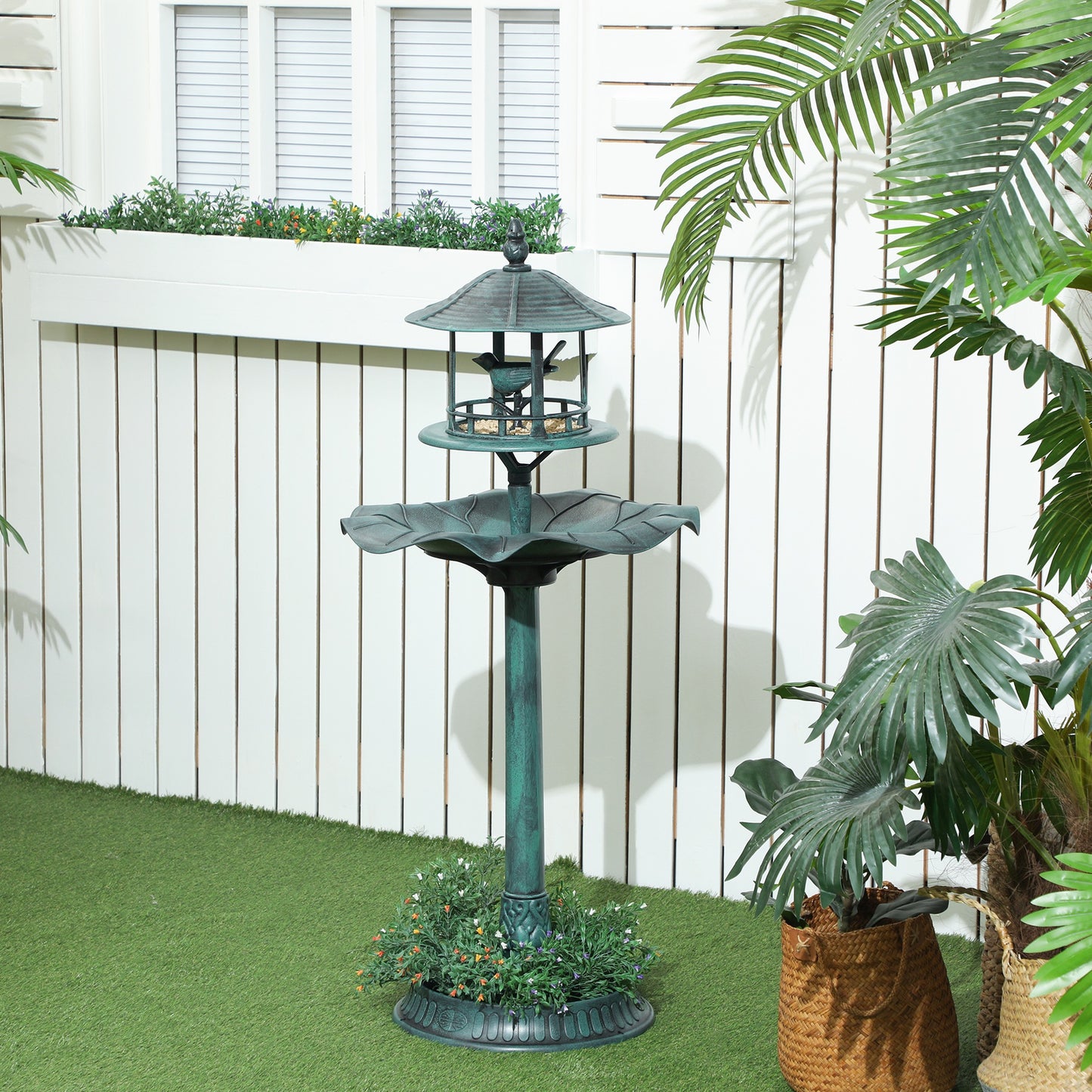 Outsunny 3-in-1 Garden Bird Bath, Freestanding Birdbath with Large Water Basin, Underneath Flower Planter, _50 x 113 cm, Green