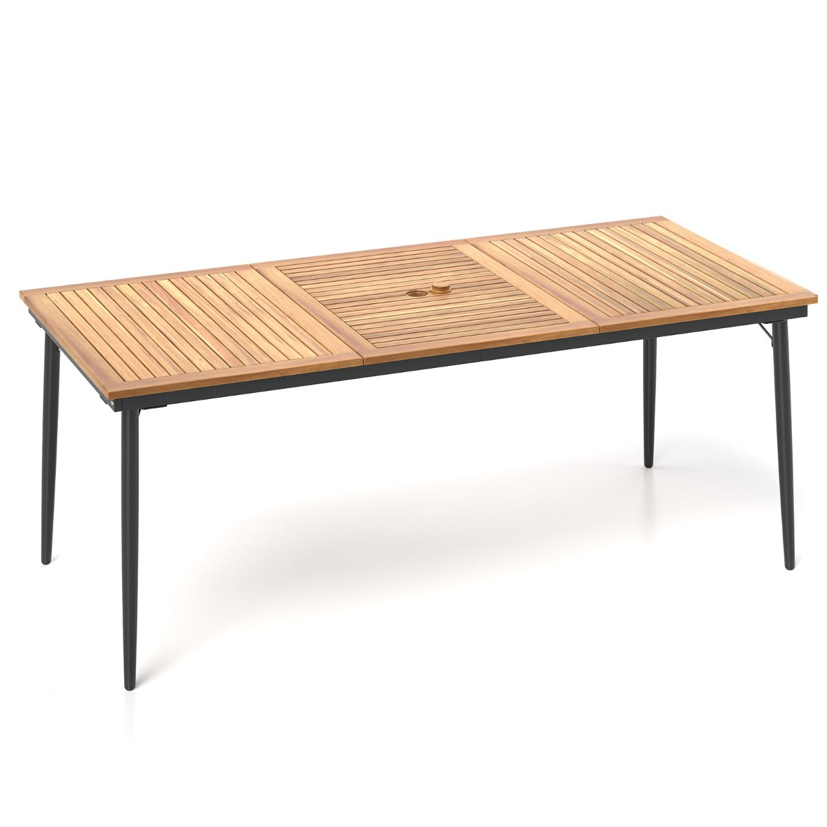 200 CM Garden Table for 8 People Outdoor Table in Acacia Wood with Parasol Hole Dia.5 CM Slatted Top Metal Legs