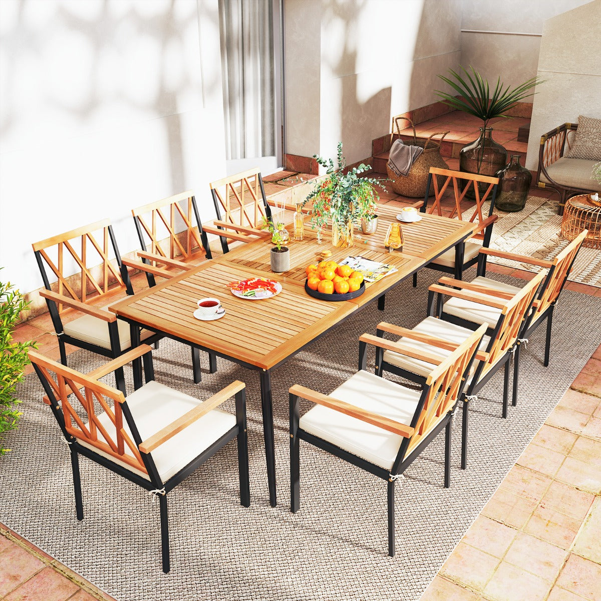 200 CM Garden Table for 8 People Outdoor Table in Acacia Wood with Parasol Hole Dia.5 CM Slatted Top Metal Legs