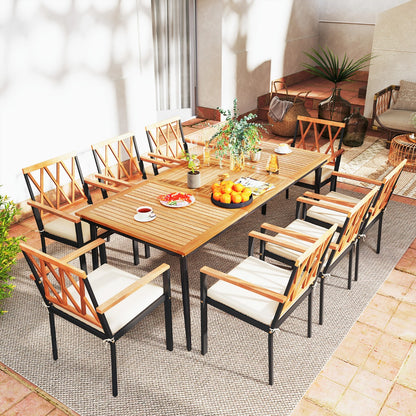 200 CM Garden Table for 8 People Outdoor Table in Acacia Wood with Parasol Hole Dia.5 CM Slatted Top Metal Legs