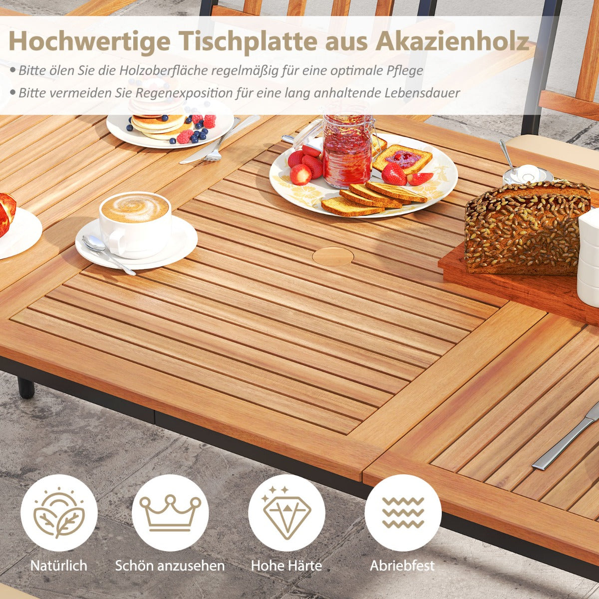 200 CM Garden Table for 8 People Outdoor Table in Acacia Wood with Parasol Hole Dia.5 CM Slatted Top Metal Legs