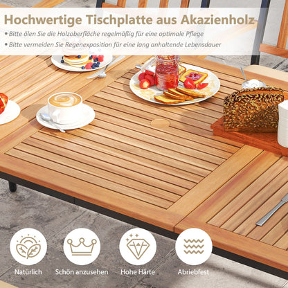 200 CM Garden Table for 8 People Outdoor Table in Acacia Wood with Parasol Hole Dia.5 CM Slatted Top Metal Legs