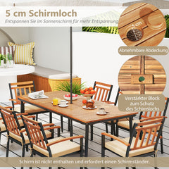 200 CM Garden Table for 8 People Outdoor Table in Acacia Wood with Parasol Hole Dia.5 CM Slatted Top Metal Legs