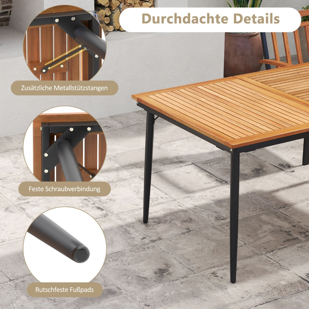 200 CM Garden Table for 8 People Outdoor Table in Acacia Wood with Parasol Hole Dia.5 CM Slatted Top Metal Legs