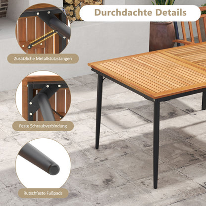 200 CM Garden Table for 8 People Outdoor Table in Acacia Wood with Parasol Hole Dia.5 CM Slatted Top Metal Legs