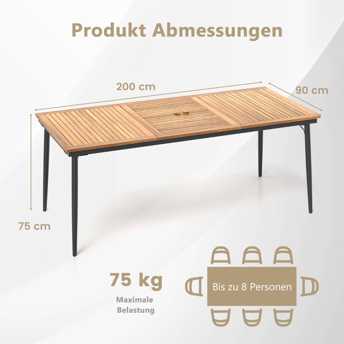 200 CM Garden Table for 8 People Outdoor Table in Acacia Wood with Parasol Hole Dia.5 CM Slatted Top Metal Legs