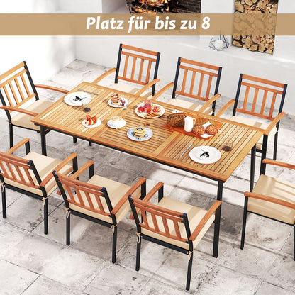 200 CM Garden Table for 8 People Outdoor Table in Acacia Wood with Parasol Hole Dia.5 CM Slatted Top Metal Legs