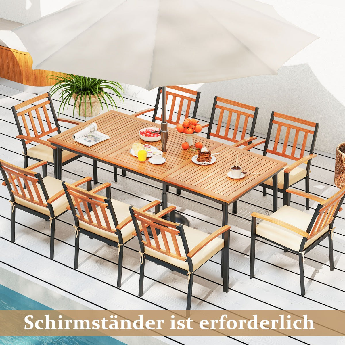 200 CM Garden Table for 8 People Outdoor Table in Acacia Wood with Parasol Hole Dia.5 CM Slatted Top Metal Legs