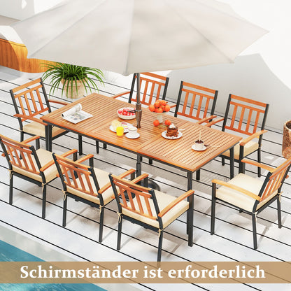 200 CM Garden Table for 8 People Outdoor Table in Acacia Wood with Parasol Hole Dia.5 CM Slatted Top Metal Legs