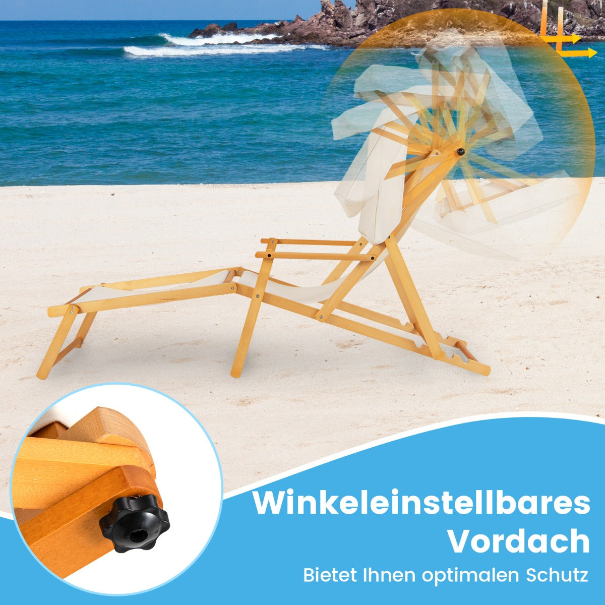 Birch Wood Chaise Lounge Chair with Adjustable Canopy Reclining Backrest and Footrest-Beige