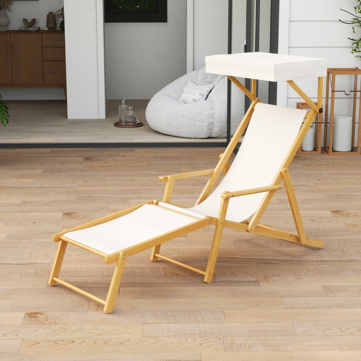 Birch Wood Chaise Lounge Chair with Adjustable Canopy Reclining Backrest and Footrest-Beige