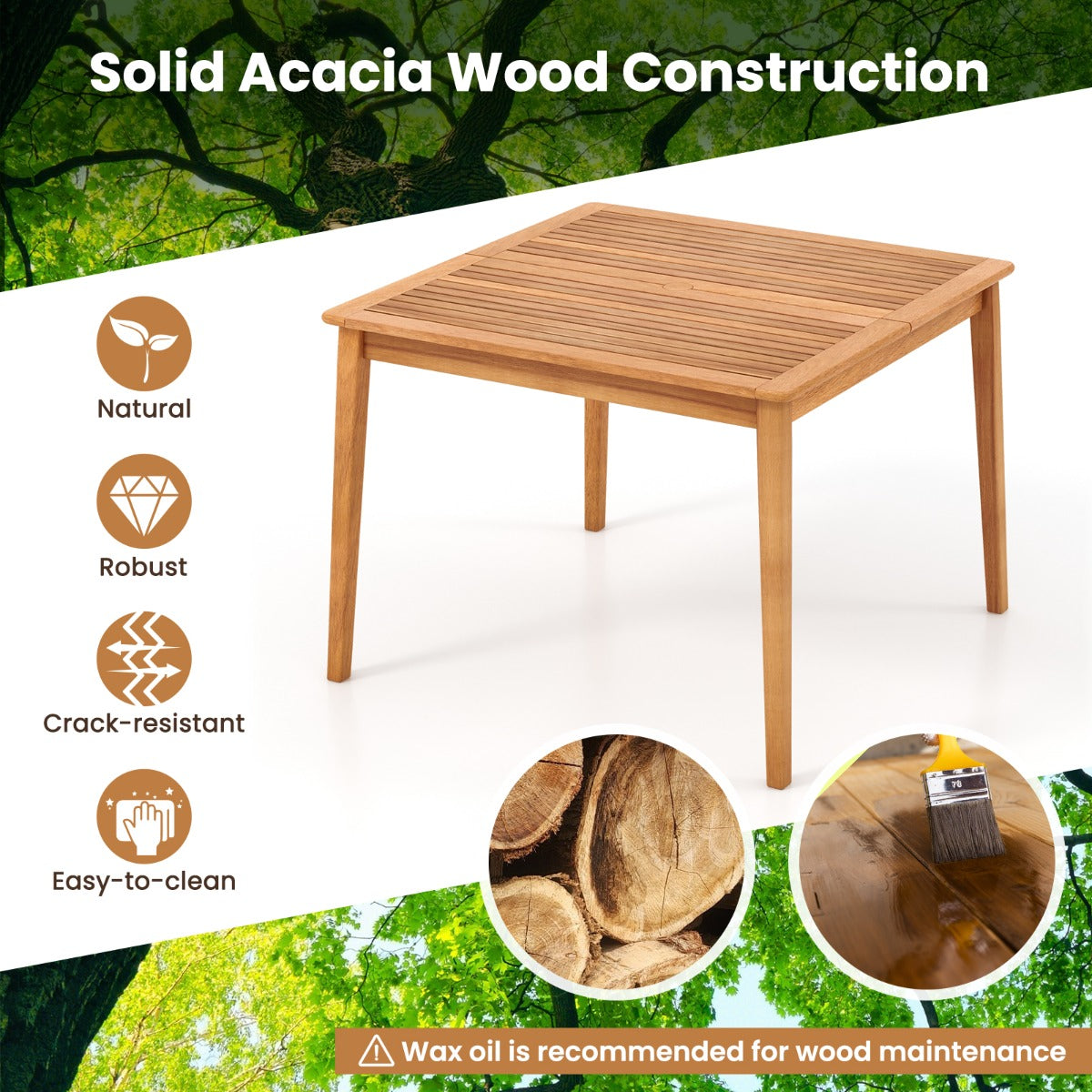 100 x 100cm Outdoor Acacia Wood Dining Table for 4 People