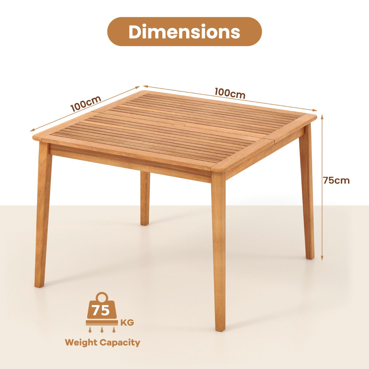 100 x 100cm Outdoor Acacia Wood Dining Table for 4 People