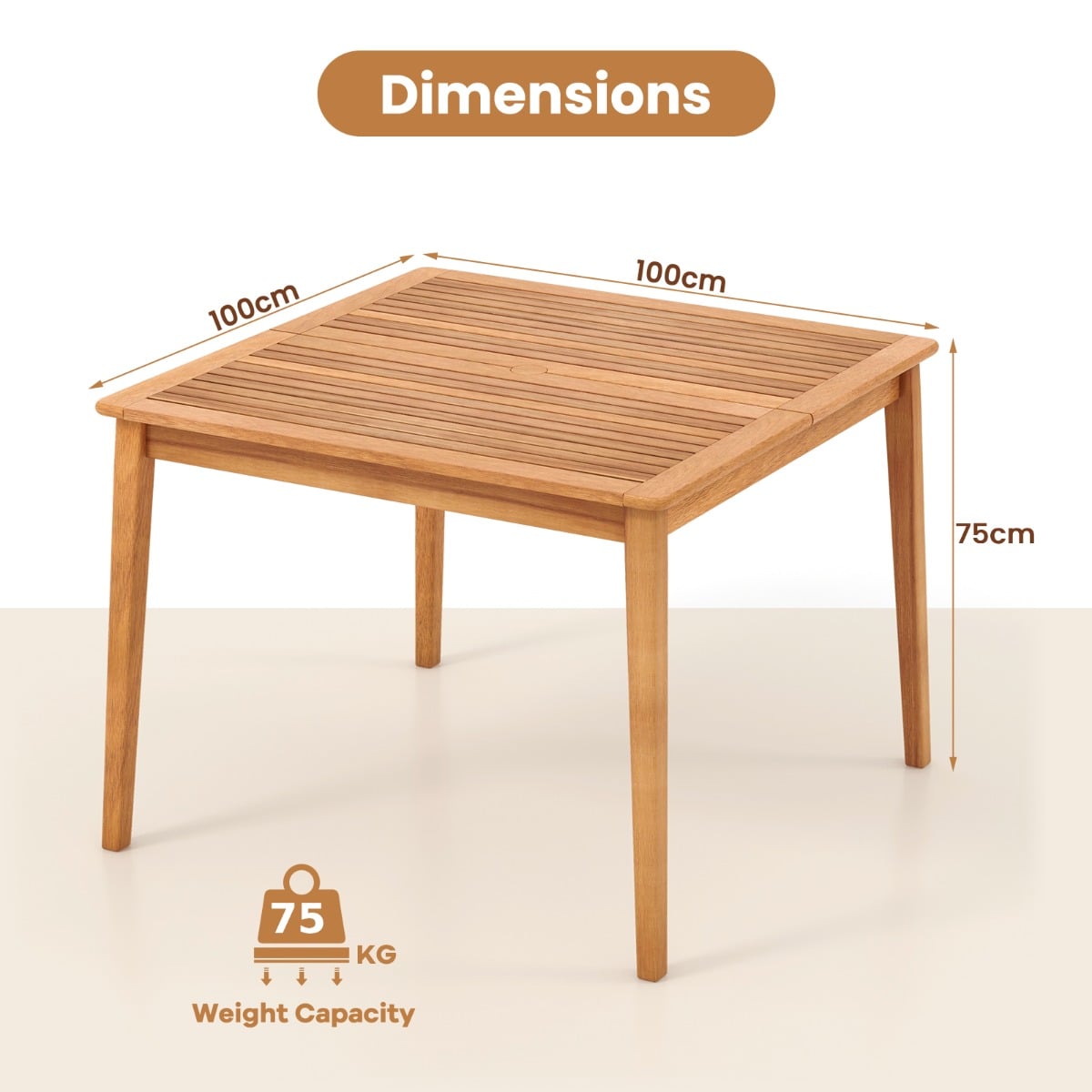100 x 100cm Outdoor Acacia Wood Dining Table for 4 People