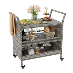 Outdoor Bar Cart 3-Tier Patio Rattan Storage Shelf Wicker Serving Table