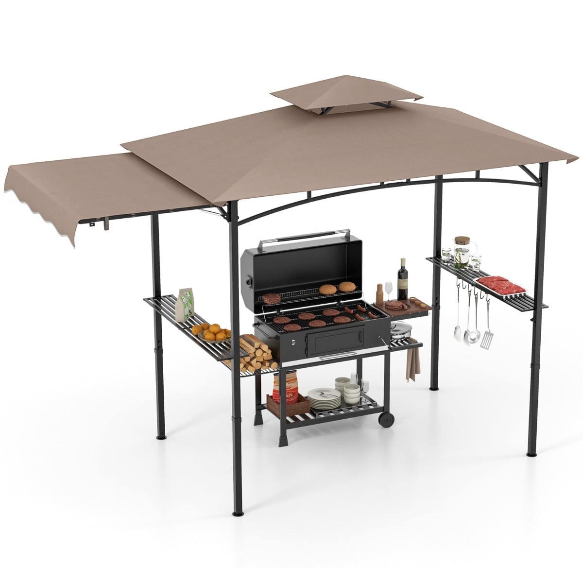 Outdoor Barbecue Canopy Tent Grill Gazebo with Side Awning-Brown