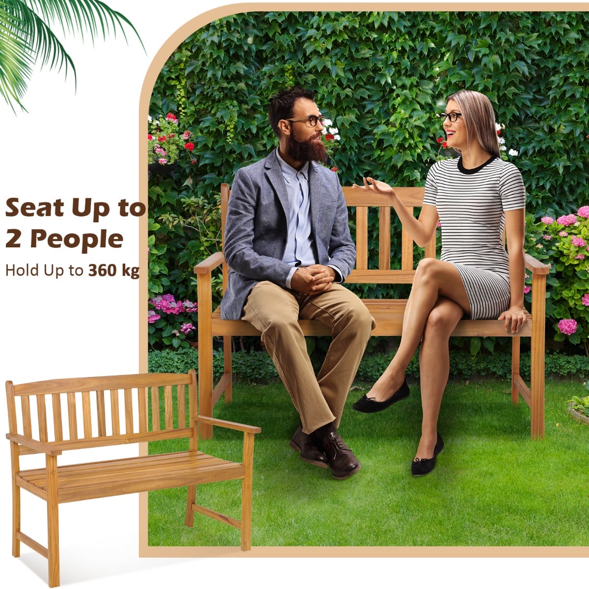 2-Person Outdoor Bench with Ergonomic Backrest and Armrests