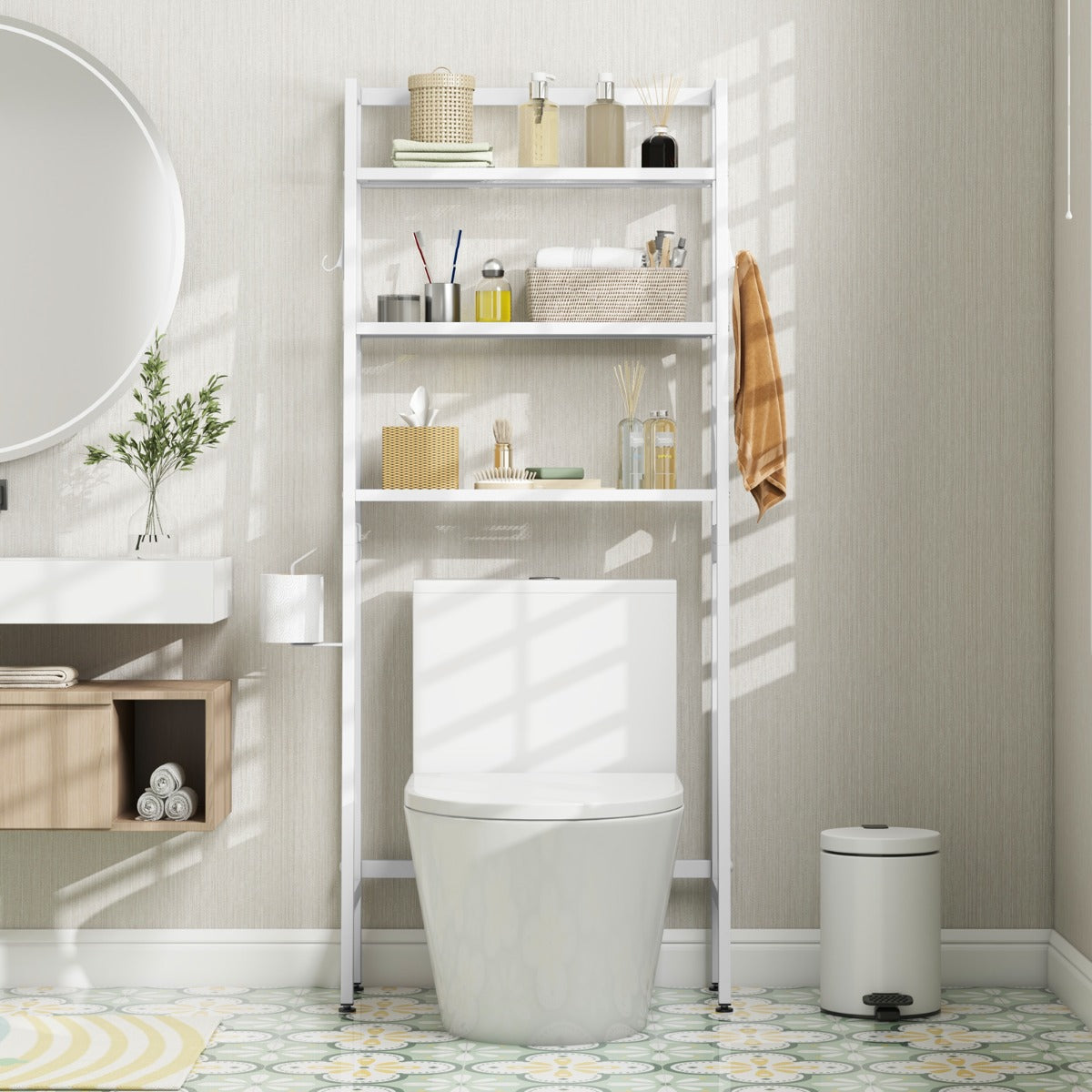 Over The Toilet Storage Shelf with Adjustable Adjustable Bottom Bar-White