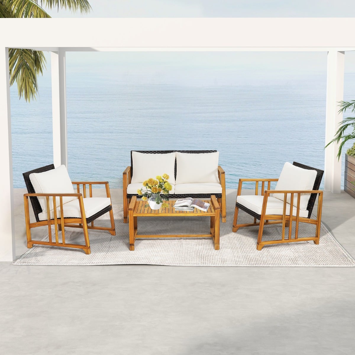 Outdoor Mix Brown Rattan Set with Acacia Wood Frame and Back Cushions-White