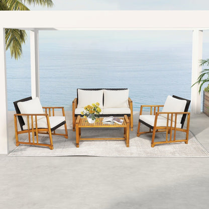 Outdoor Mix Brown Rattan Set with Acacia Wood Frame and Back Cushions-White