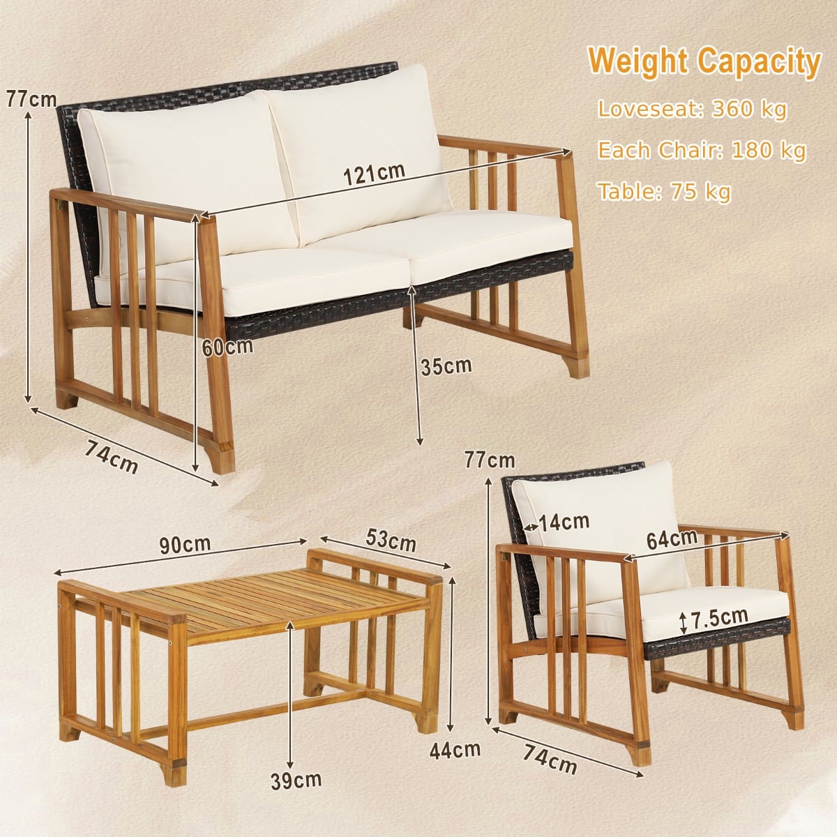 Outdoor Mix Brown Rattan Set with Acacia Wood Frame and Back Cushions-White