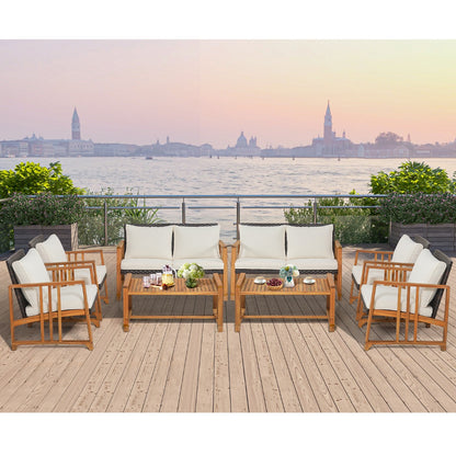 Outdoor Mix Brown Rattan Set with Acacia Wood Frame and Back Cushions-White