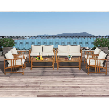 Outdoor Mix Brown Rattan Set with Acacia Wood Frame and Back Cushions-White