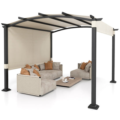 Outdoor Pergola with Retractable Sunshade Canopy and Anchored Plates-Beige