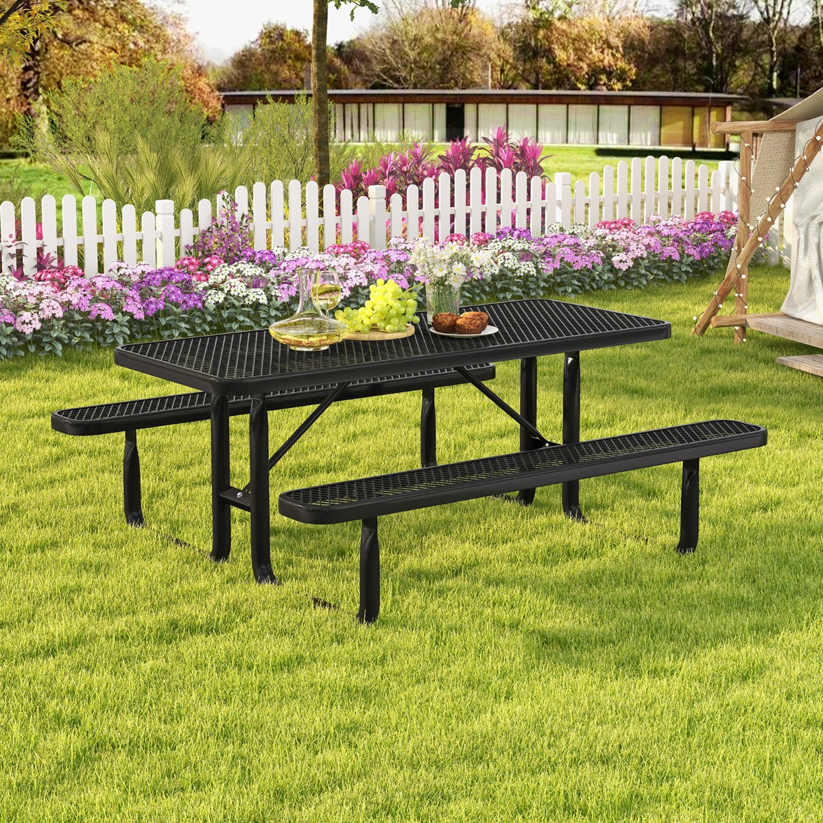 Outdoor Picnic Table & Bench Set for 8 with Seats Mesh Grid-Black