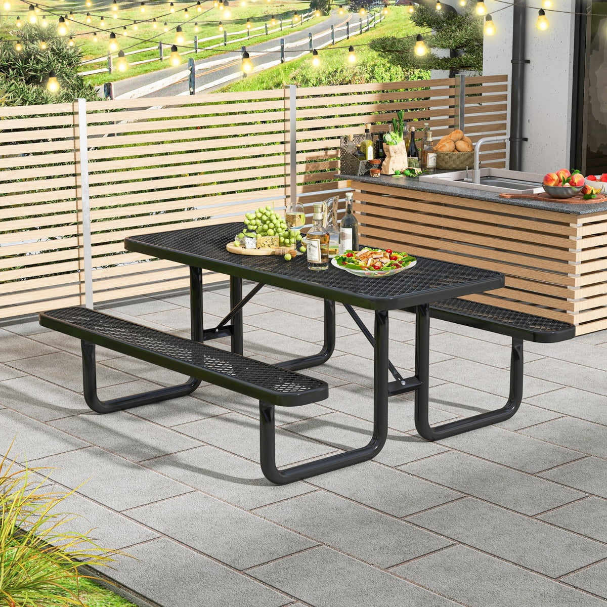 Outdoor Picnic Table & Bench Set for 8 with Seats Mesh Grid-Black