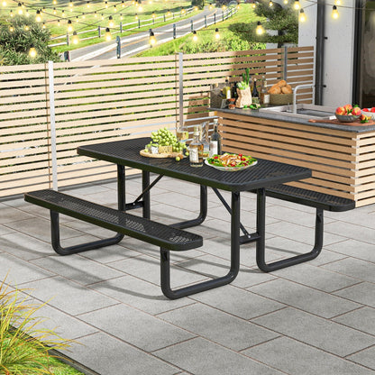 Outdoor Picnic Table & Bench Set for 8 with Seats Mesh Grid-Black