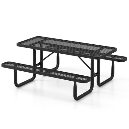 Outdoor Picnic Table &amp; Bench Set for 8 with Seats &amp; Mesh Grid-Black