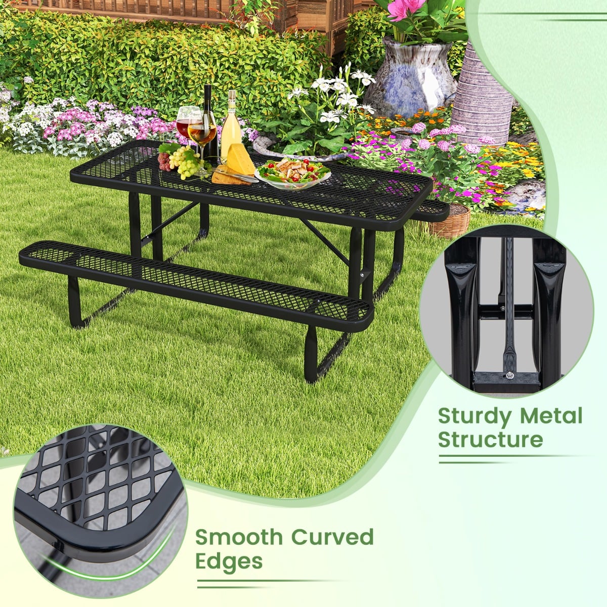 Outdoor Picnic Table &amp; Bench Set for 8 with Seats &amp; Mesh Grid-Black