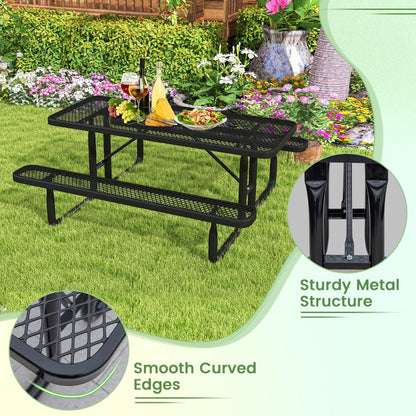 Outdoor Picnic Table &amp; Bench Set for 8 with Seats &amp; Mesh Grid-Black