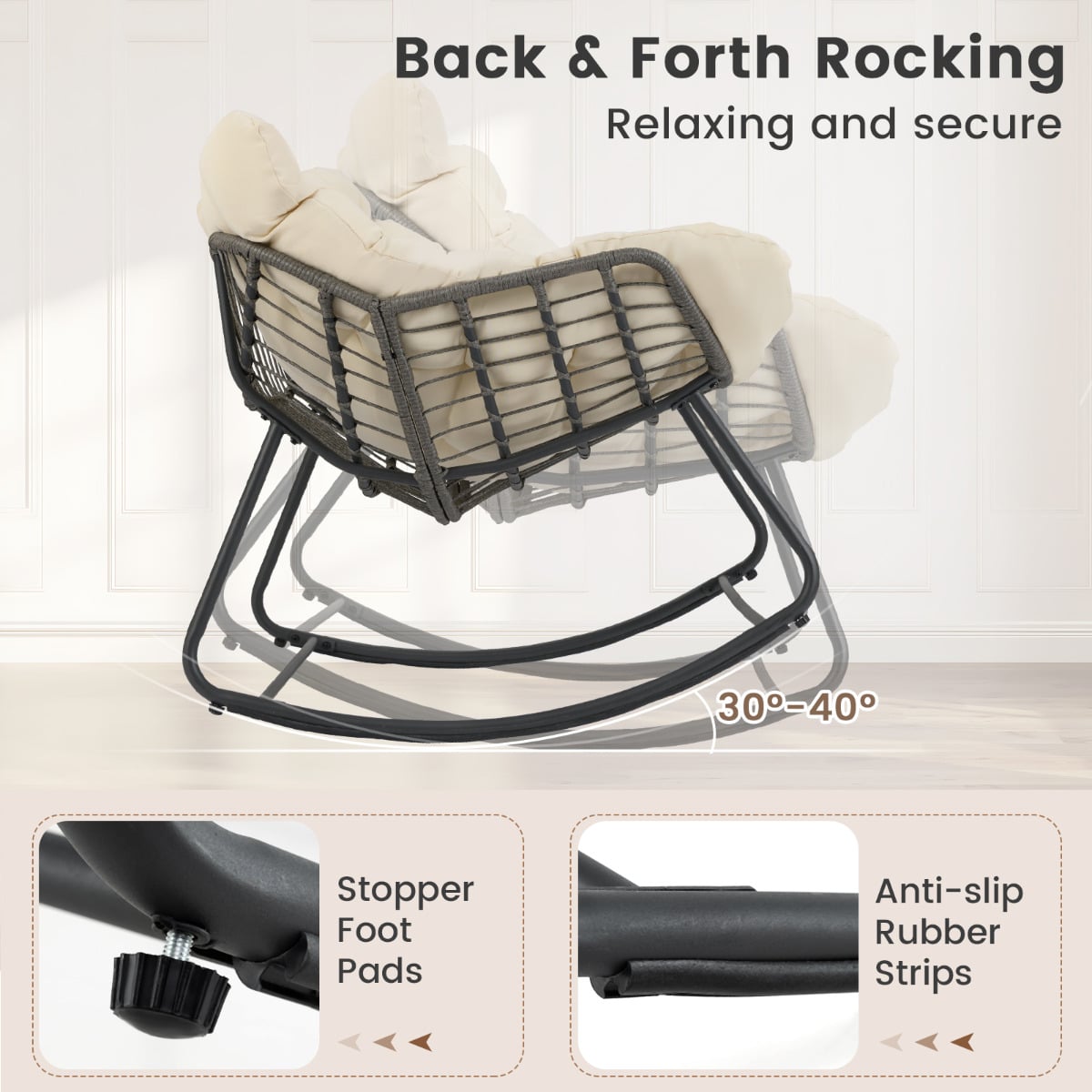 Outdoor Rocking Chair with Thick and Removable Cushion-Beige