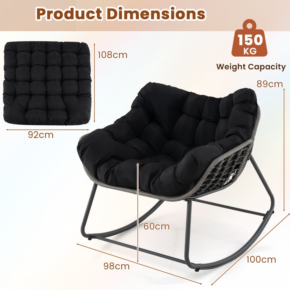 Outdoor Rocking Chair with Thick and Removable Cushion-Black