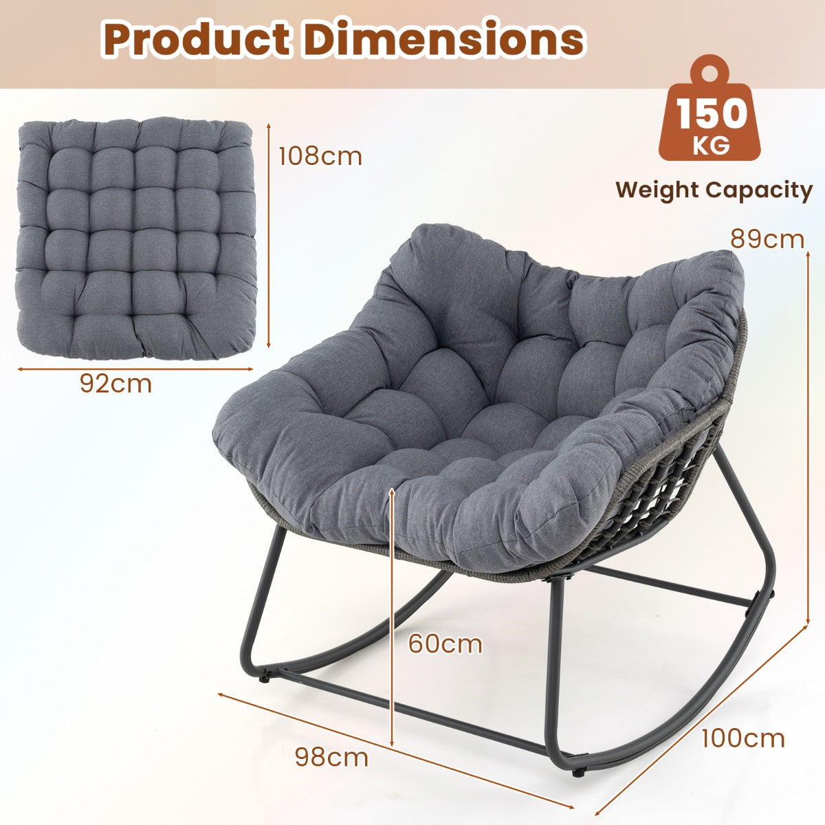 Outdoor Rocking Chair with Thick and Removable Cushion-Grey