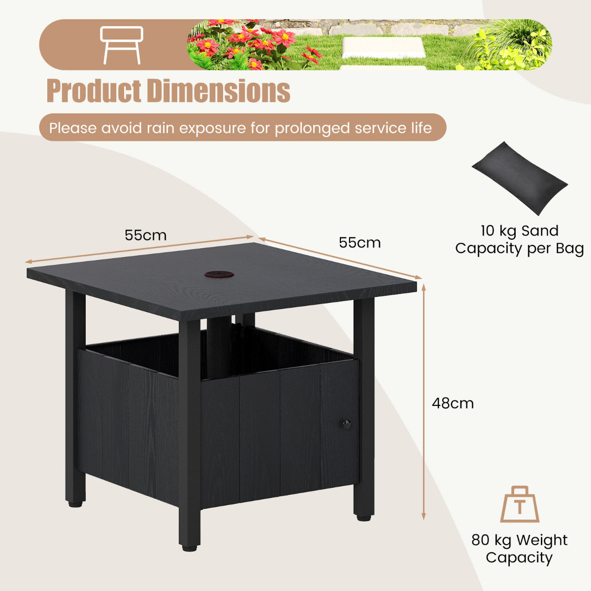 Outdoor Side Table with 4.8cm Umbrella Hole and 2 Sand Bags-Black