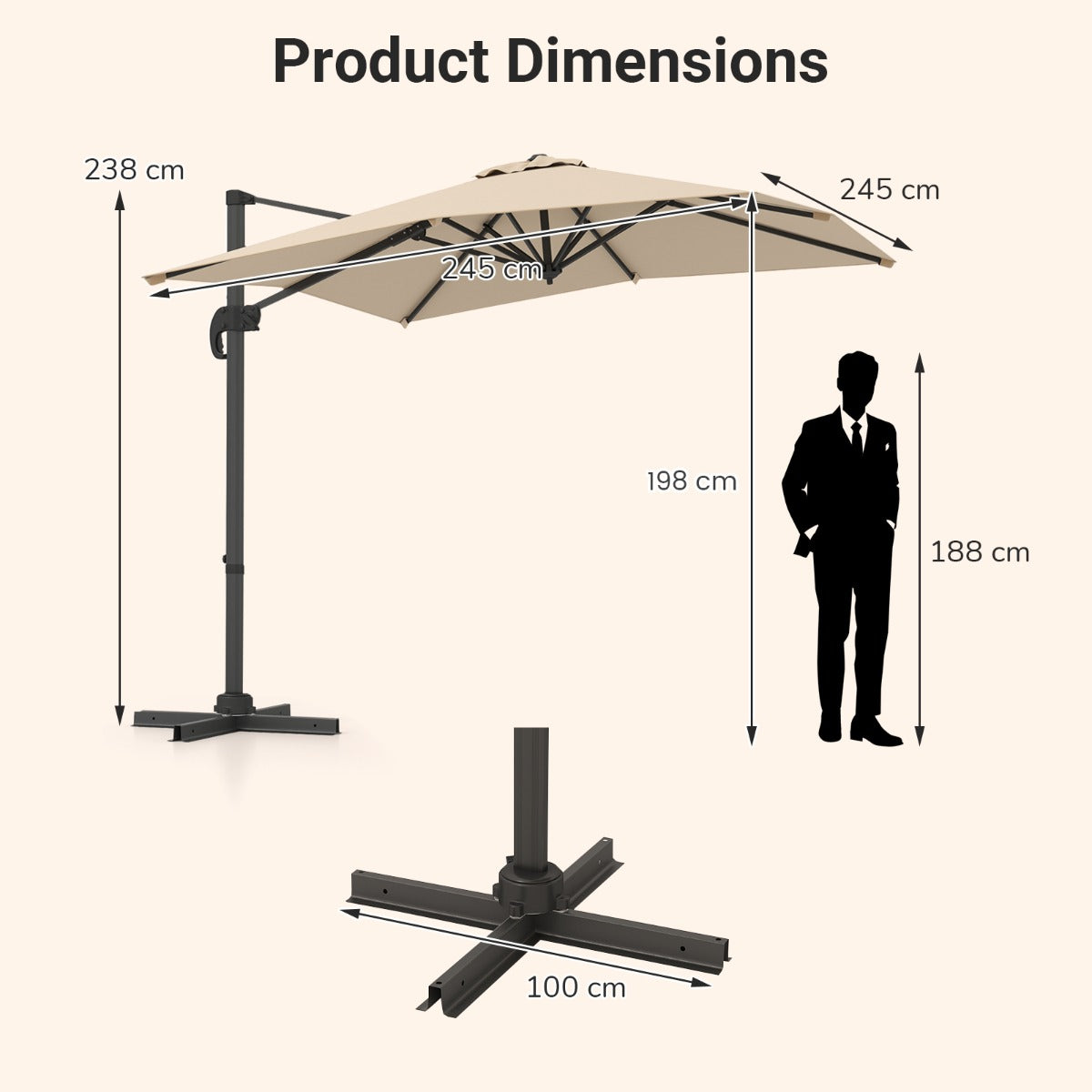 Patio Offset Umbrella with 360° Rotation and 5 Adjustable Tilt 8 Ribs-Beige