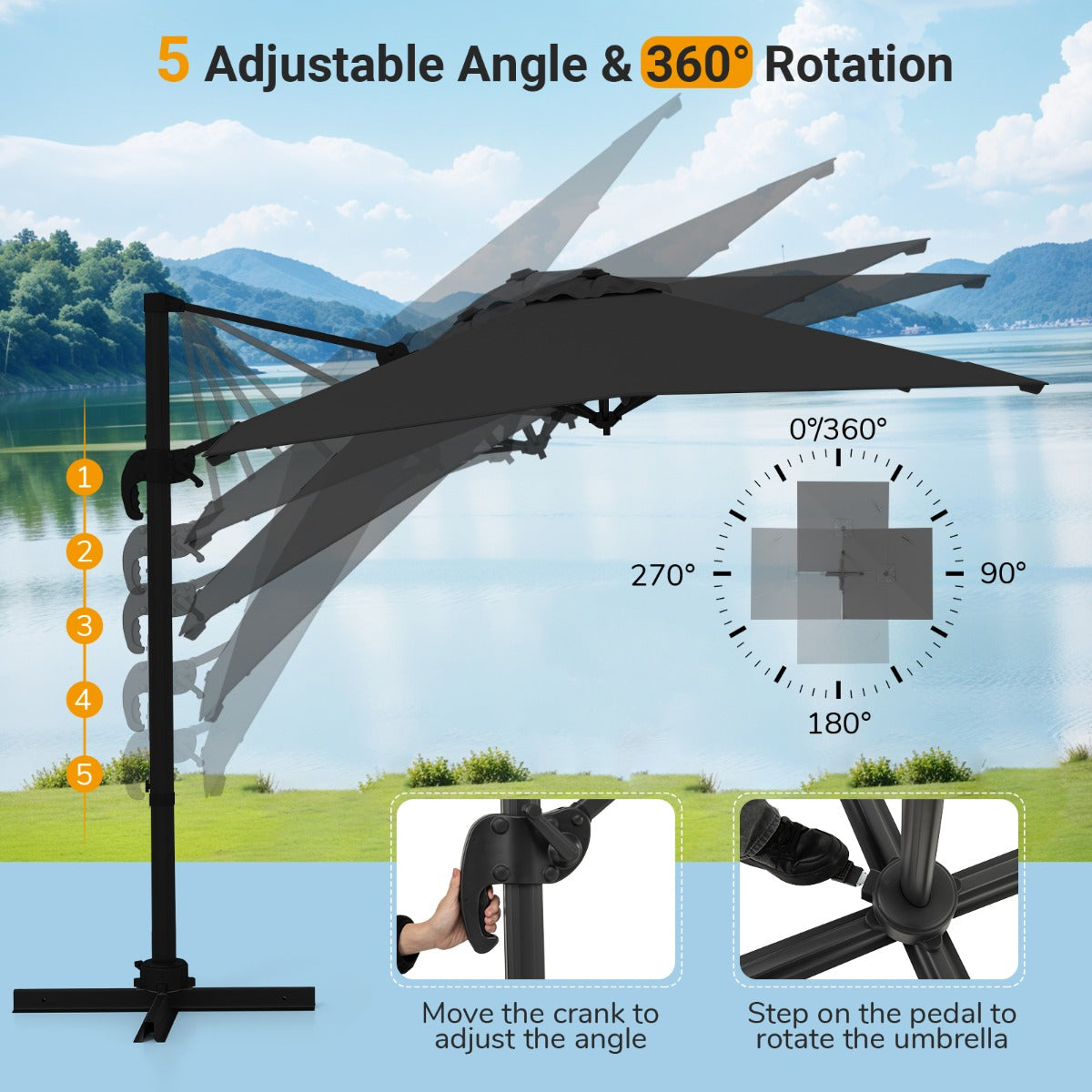 Patio Offset Umbrella with 360° Rotation and 5 Adjustable Tilt 8 Ribs-Black